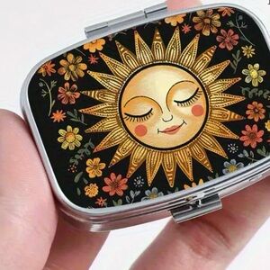 Floral Sun Pattern Pill Organizer 2-Compartment Compact Pill Case New
